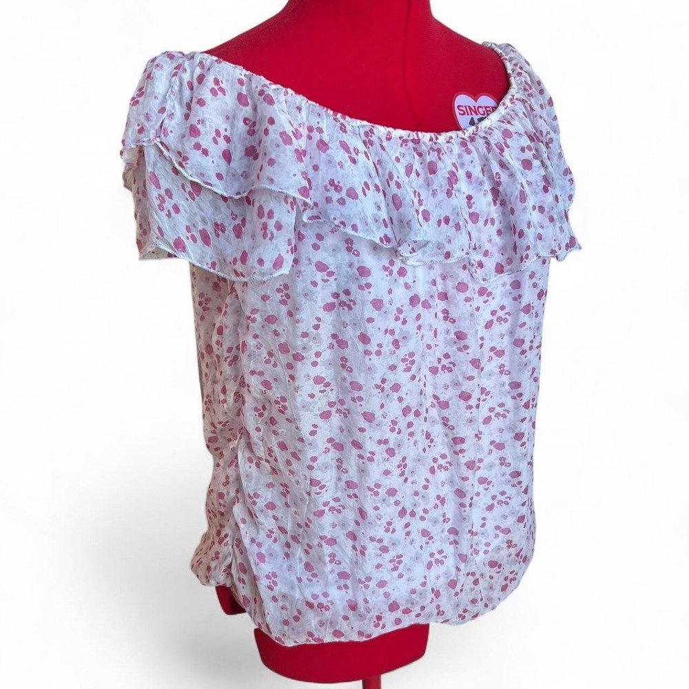 Elena Baldi Silk Pink Floral Ruffle Sleeve Balloon Hem Blouse Made In Italy S
